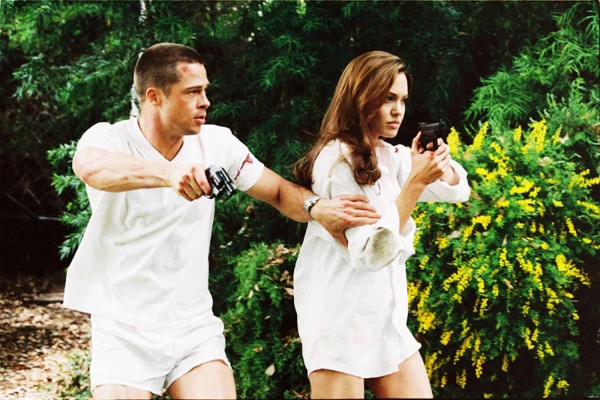 Brad Pitt and Angelina Jolie in the movie-Mr. and Mrs. Smith.